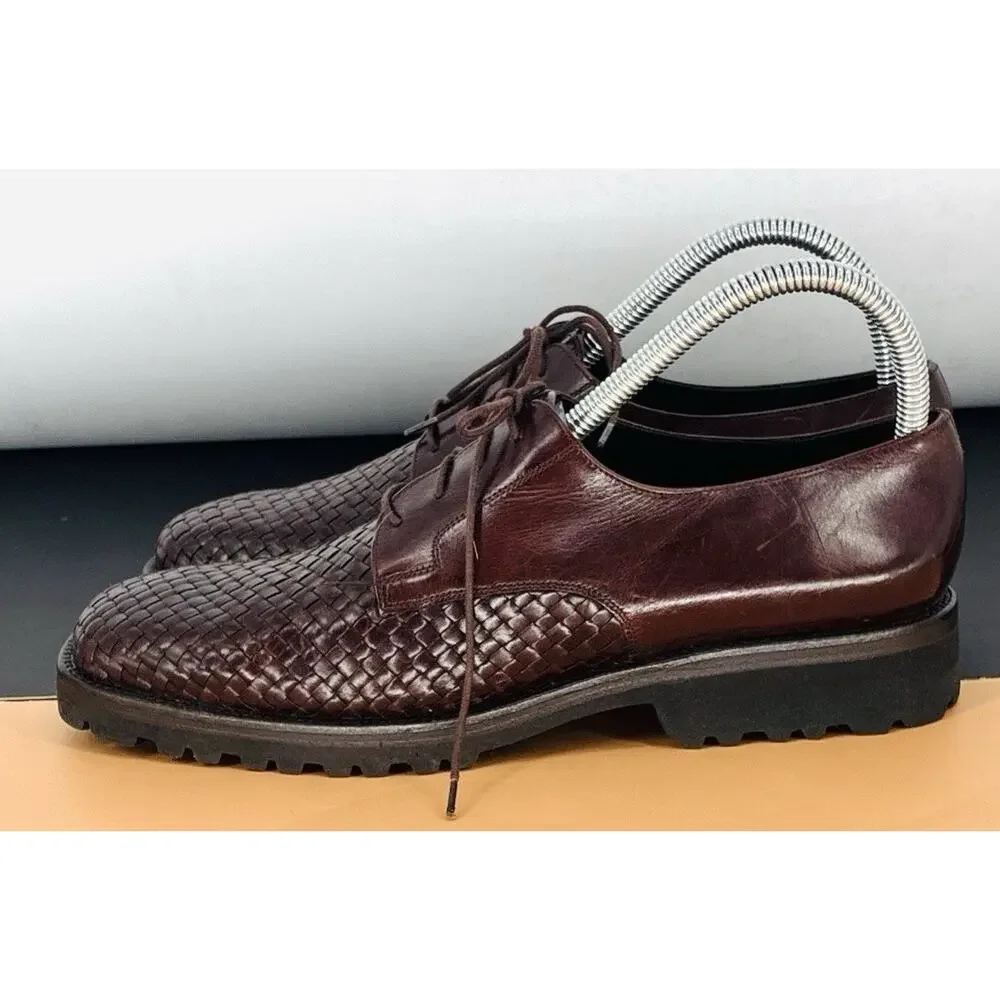 Mezlan Mens Bwn Dk Burgandy Woven Leather Derby Vibram Sole Spain Sz 9M